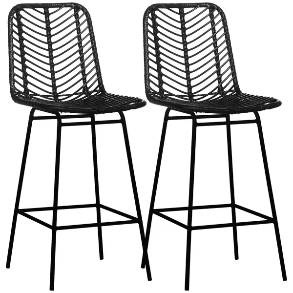HOMCOM Set de 2 taburete de bar design boem înălțime 66 cm cu suport picioare metalic și ratan PE - negru | Aosom Romania
