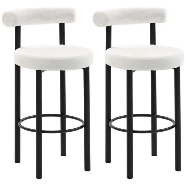 HOMCOM Set de 2 taburete de bar, scaune de bar din țesătură bouclette cu spătar curbat, suport pentru picioare, 50x52,5x98cm, crem | Aosom Romania