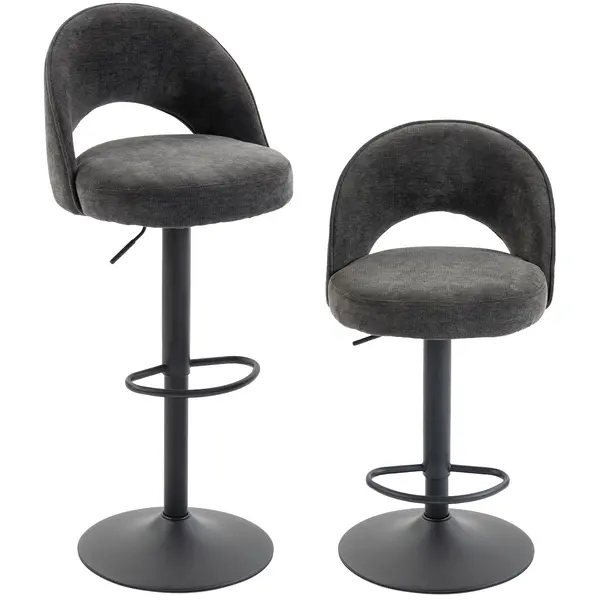 HOMCOM Set de 2 taburete de bar, scaune de bar reglabile pe înălțime, șezut căptușit din chenille, rotative 360°, Gri | Aosom Romania