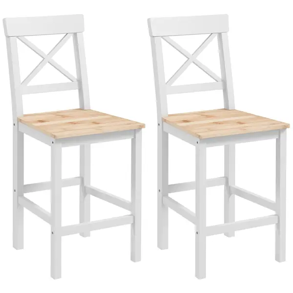 HOMCOM Set de 2 Taburete de Bar, Taburete de Bucătărie Înaltă cu Spătar Înalt, Suporturi pentru Picioare, din Lemn de Pin, Natural și Alb | Aosom Romania