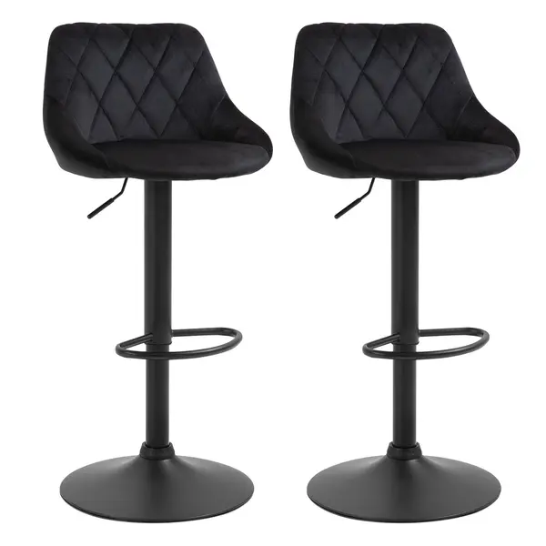 HOMCOM Set de 2 tabureți de bar cu spătar, aspect catifelat, cadru din oțel, scaune de bucătărie reglabile înălțime cu suport pentru picioare, rotative, taburet de bar, negru | Aosom Romania