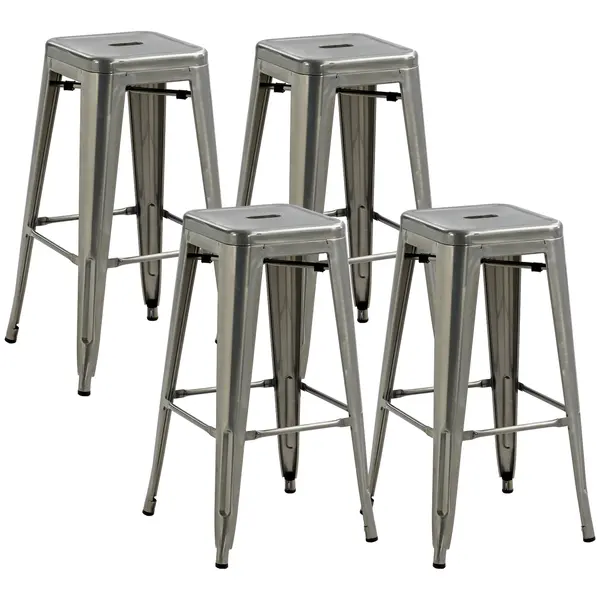 HOMCOM Set de 4 scaune de bar industriale empilabile înălțime șezut 76 cm metal argintiu | Aosom Romania