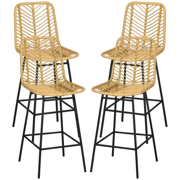 HOMCOM Set de 4 taburete de bar, scaune de bar, spătar împletit și suport pentru picioare, cadru din oțel, 42,5x52x102cm, galben | Aosom Romania