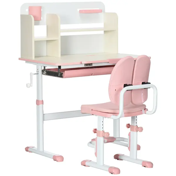 HOMCOM Set de Birou pentru Copii cu Înălțime Reglabilă, Masă de Studiu cu Raft și Spațiu de Depozitare, 80x52x88-109 cm, Roz | Aosom Romania