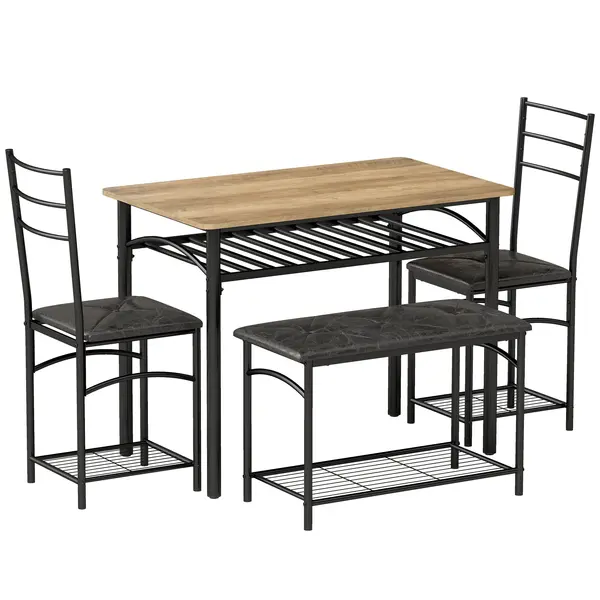 HOMCOM Set de dining 4 piese, masă de bucătărie în stil industrial cu 2 scaune și bancă pentru 4 persoane, scaune tapițate cu piele PU, maro | Aosom Romania