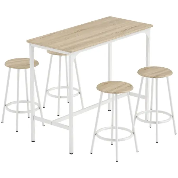 HOMCOM Set de Dining 5 Piese cu Bar 110x50x89,5 cm și Scaune Ø30x60,5 cm din Lemn și Metal Nuanță Lemn | Aosom Romania