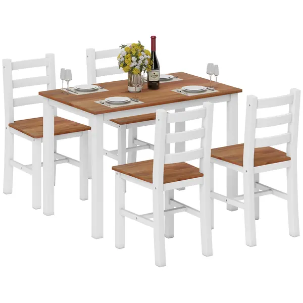 HOMCOM Set de masă, masă de cină, 4 scaune, set de dining, pin, maro + alb | Aosom Romania