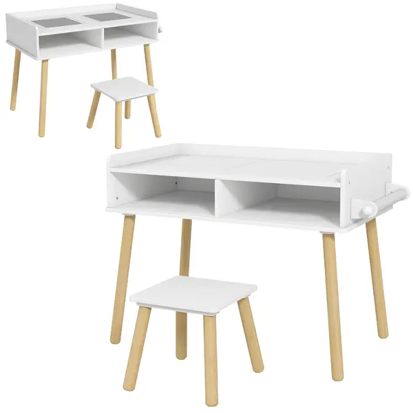 HOMCOM Set de Masă și Scaun pentru Copii, Masă de Activități pentru Copii Mici 3 în 1 cu Tablă de Construcție, 87x45x59.5 cm, Alb | Aosom Romania