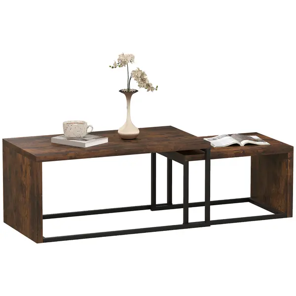 HOMCOM Set de Mese de Cafea 2 bucăți, Masă de Cafea, Masă Laterală, MDF, Metal, 90 x 48 x 42 cm / 59 x 42 x 36 cm, Negru+Maro | Aosom Romania