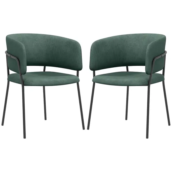 HOMCOM Set de Scaune, Scaune de Bucătărie Tapițate Moderne din Catifea cu Spate, Cotieră și Picioare Metalice, 57x53x73 cm, Verde