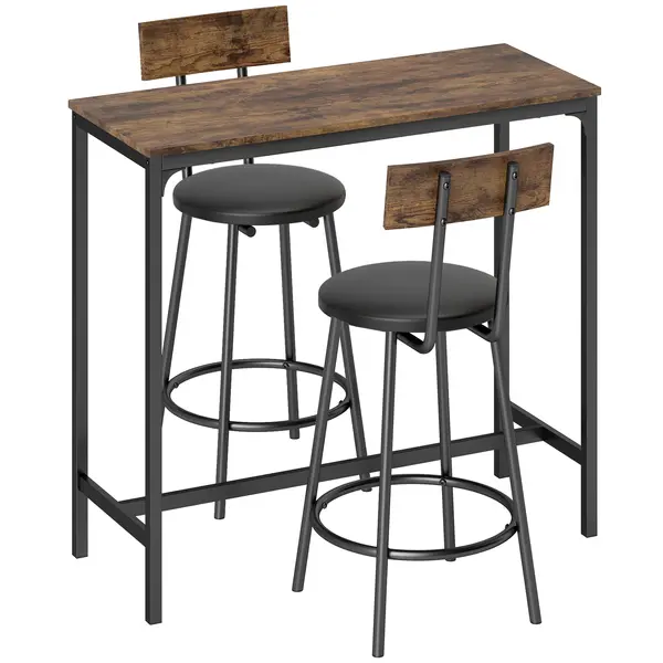 HOMCOM Set Masă de Bar cu 2 Scaune Înalte, Spătar, Suport pentru Picioare, MDF, Metal, 100x40x90,5 cm, Maro Rustic | Aosom Romania