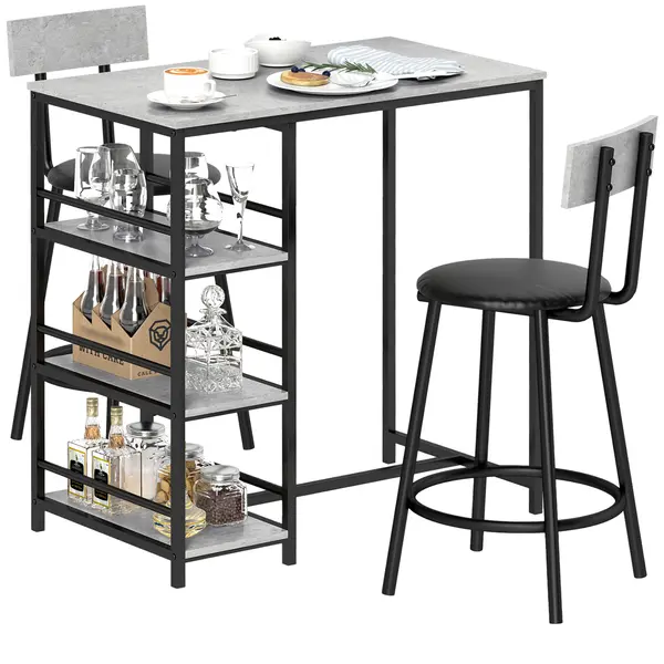HOMCOM Set Masă de Bar cu 3 Rafturi și 2 Scaune cu Spătar, 90x50x90.5 cm, Gri Deschis | Aosom Romania