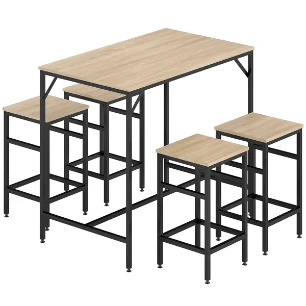 HOMCOM Set Masă de Bar cu Taburete din 5 Piese, Stil Industrial, PAL și Metal, 100 x 60 x 88 cm, Lemn Natural | Aosom Romania
