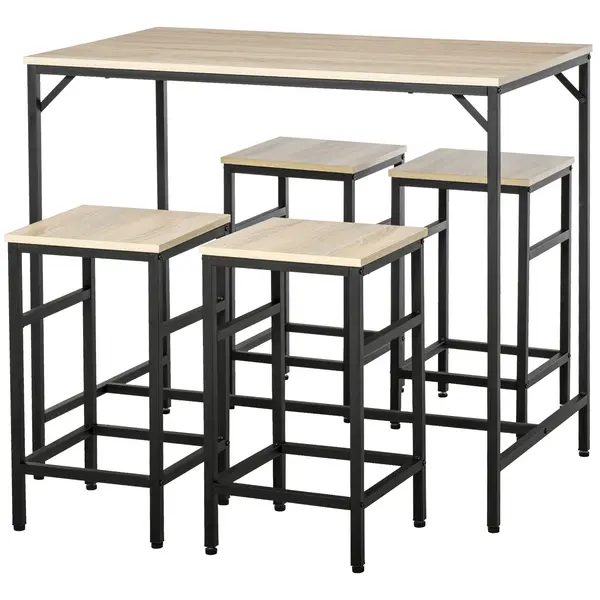 HOMCOM Set Masă de Bar Industrial + 4 taburete cu suport pentru picioare din lemn culoare Stejar Deschis Cadrul negru metalic | Aosom Romania