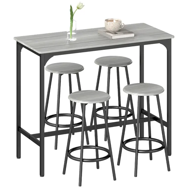 HOMCOM Set Masă de Bar și 4 Scaune cu Suport pentru Picioare, 110x50x89.5 cm, Gri | Aosom Romania