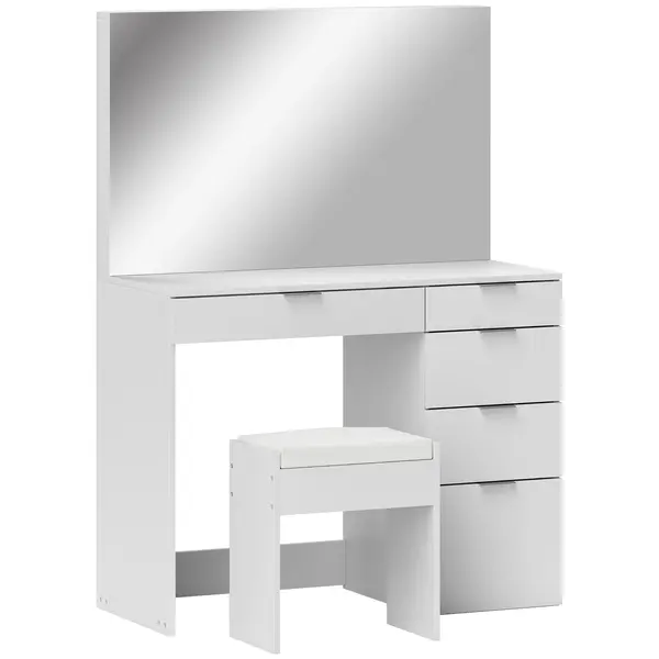 HOMCOM Set Masă de Toaletă cu Oglindă și 5 Sertare și Taburet de Machiaj Tapițat, 97,2x44,5x136,5 cm, Alb | Aosom Romania