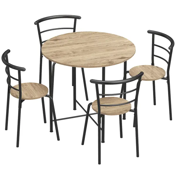 HOMCOM Set Masă Rotundă de Dining cu 4 Scaune Economisitor de Spațiu în Lemn și Metal Stil Industrial | Aosom Romania