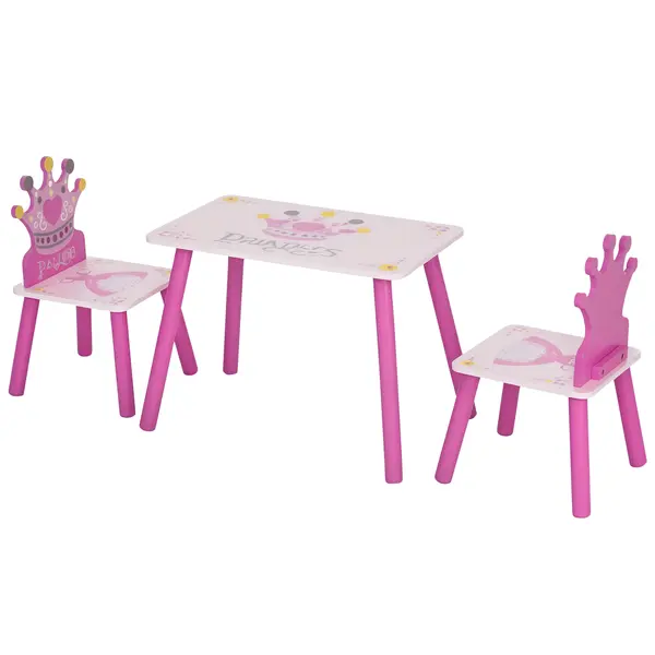 HOMCOM Set Masă și 2 Scaune cu Tematică de Prințese cu Spătare în Formă de Coroană, 55x34x42 cm, Roz | Aosom Romania