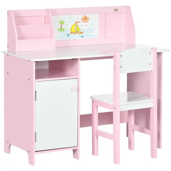 HOMCOM Set Masă și Scaune pentru Copii 5-8 Ani cu Spațiu de Depozitare, Tablă și Scaun, 90x45x85 cm, Roz | Aosom Romania