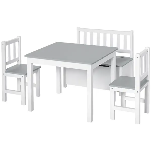 HOMCOM Set Mobilier pentru Copii 4 Piese, Masă, 2 Scaune, Bancă Depozitare, Lemn Multifuncțional, Alb și Gri | Aosom Romania