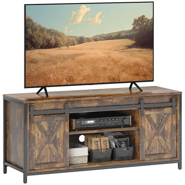 HOMCOM Stand TV Lowboard, Design industrial, pentru televizoare de 60'', 6 rafturi, 2 uși glisante, Maro/Negru | Aosom Romania