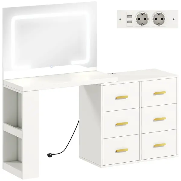 HOMCOM Stație de Machiaj cu Lumini LED, 3 Culori, Luminozitate Reglabilă, Toaletă Convertibilă cu Prize Electrice, 6 Sertare Soft Close, Oglindă, Rafturi Deschise, pentru Dormitor, Alb | Aosom Romania