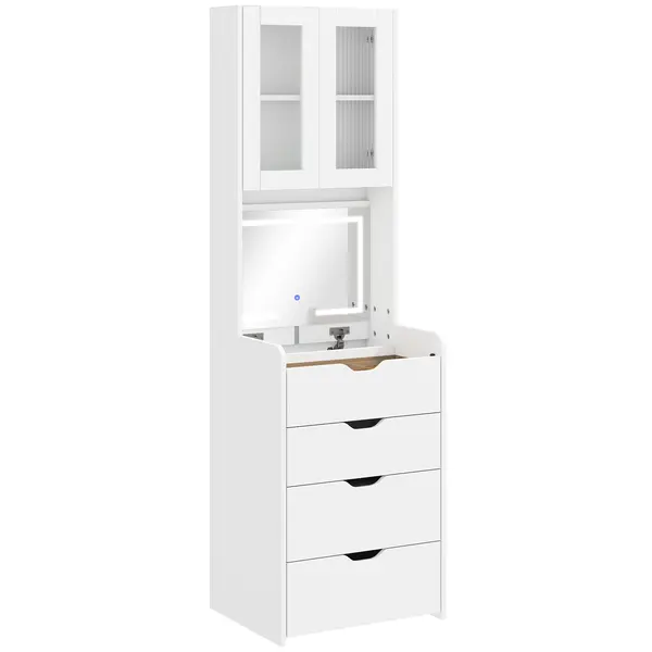 HOMCOM Stație de Machiaj cu Lumini LED în 3 Culori, Oglindă Rabatabilă, Scaun Ascuns, Măsuță de Machiaj cu Scaun Îmbunătățit, 3 Sertare, Compartiment, Dulap cu Uși din Sticlă, Modern, Alb | Aosom Romania