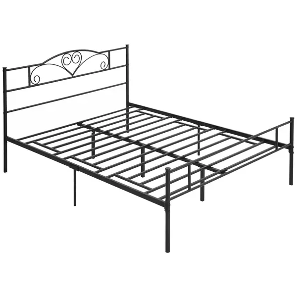 HOMCOM Structura Pat Matrimonial din Otel 160x200cm cu Sipci Integrate, Tetiera si Tablie, Spatiu de Depozitare, Negru | Aosom Romania