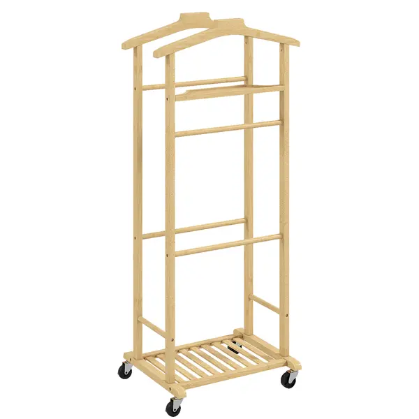 HOMCOM Suport de haine 4 în 1 pe roți din lemn de bambus, 47x33.7x105.5 cm | Aosom Romania