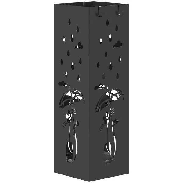HOMCOM Suport de Umbrele Pătrat din Metal pentru Intrare, Suport Autoportant cu Tavă Detașabilă și 4 Cârlige, pentru Interior și Exterior, 15.5x15.5x49 cm, Negru | Aosom Romania