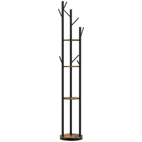 HOMCOM Suport Haine, Rotativ, cu 4 Rafturi și 8 Cârlige, stander haine pentru Hol, Dormitor, Living, 30x30x175 cm, Maro Rustic | Aosom Romania