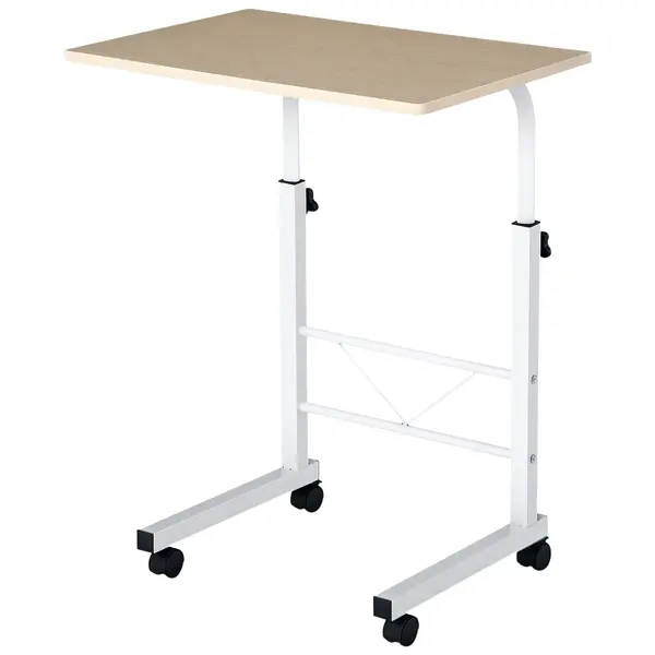 HOMCOM Suport lateral reglabil pe înălțime mobilă masă de cafea cu roți frânare C-Tables Placă de lemn Oțel Metal Plastica Alb Fag 60 x 40 x 68-78 cm | Aosom Romania