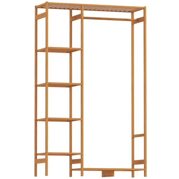 HOMCOM Suport pentru Haine din Bambus cu Rafturi pe 6 Niveluri și Bară pentru Haine, Stender pentru Dormitor și Hol, Design Modern, 90x30x145 cm, Lemn Natural | Aosom Romania