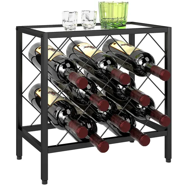 HOMCOM Suport pentru Sticle de Vin cu Blat din Sticlă Securizată și Cadru din Oțel, 41x22x41 cm, Negru | Aosom Romania