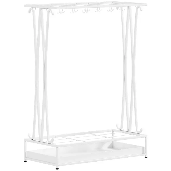 HOMCOM Suport Pentru Umbrele cu Tăviță Colectoare, 21 Orificii, 24 Cârlige, Oțel, 50x24x68 cm, Alb | Aosom Romania