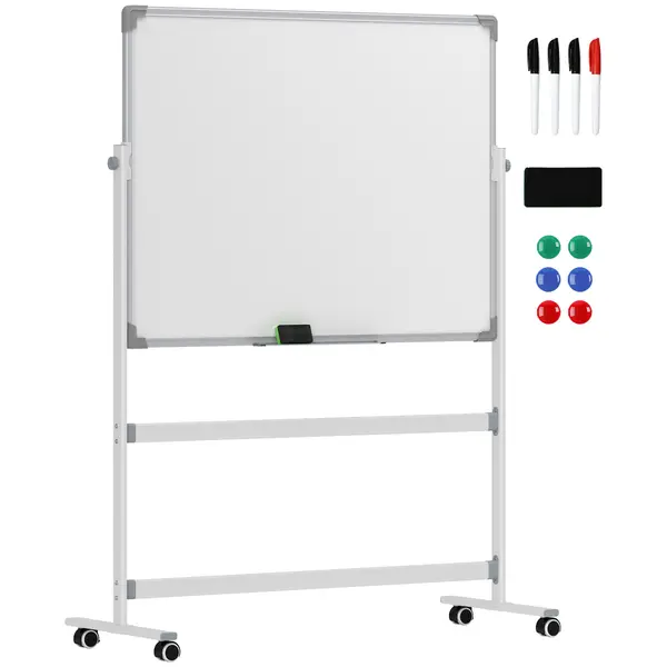HOMCOM Tablă Magnetică cu 2 Fețe, Tablă Rotativă la 360° cu 3 Nivele Reglabile, Burete și Marker-e, 127x50x165 cm, Alb | Aosom Romania
