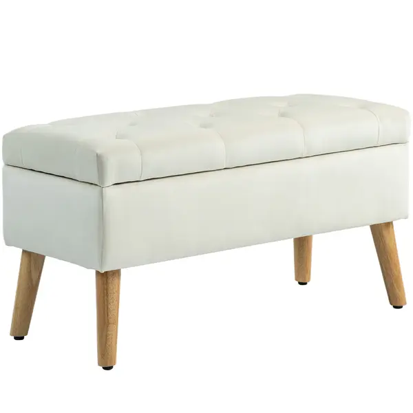 HOMCOM Taburet cu Depozitare In Catifea Picioare In Lemn Di Cauciuc 80x35x42 cm Crem | Aosom Romania