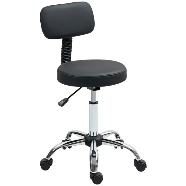 HOMCOM Taburet cu Roți, Rotativ 360°, Reglabil pe Înălțime, Piele Ecologică, Metal, 46x51x78-93 cm, Negru | Aosom Romania