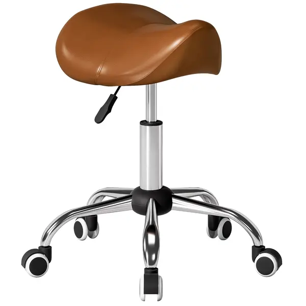 HOMCOM Taburet cu roți, scaun de lucru cu înălțime reglabilă 49-61 cm și șa ergonomică, 52x53x49-61cm, maro | Aosom Romania