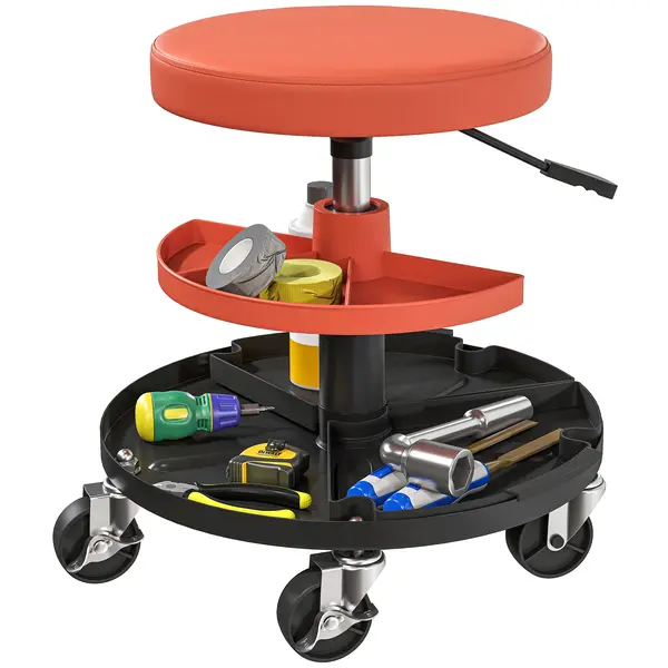 HOMCOM Taburet pentru atelier cu rotile, taburet de mecanic cu înălțime reglabilă 40-51 cm, 2 rafturi 38x38x51 cm, galben | Aosom Romania