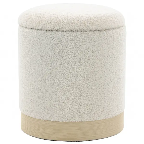 HOMCOM Taburet rotund 38 cm cu husă Sherpa, depozitare și picior metalic cu aspect de lemn, crem | Aosom Romania