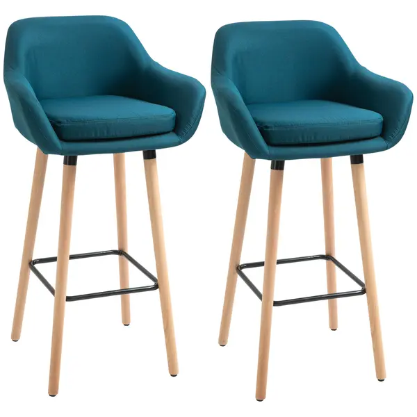 HOMCOM Taburete de Bar Design scandinav - Set de 2 Taburete de Bar Grand Confort cu Suport pentru Picioare și Cotiere - Lemn masiv Lână albastră | Aosom Romania