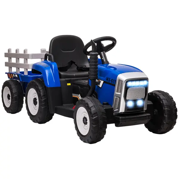 HOMCOM Tractor Electric pentru Copii cu Remorcă Detașabilă, Telecomandă, Port USB, Muzică și Lumini, 3-6 Ani, Albastru | Aosom Romania