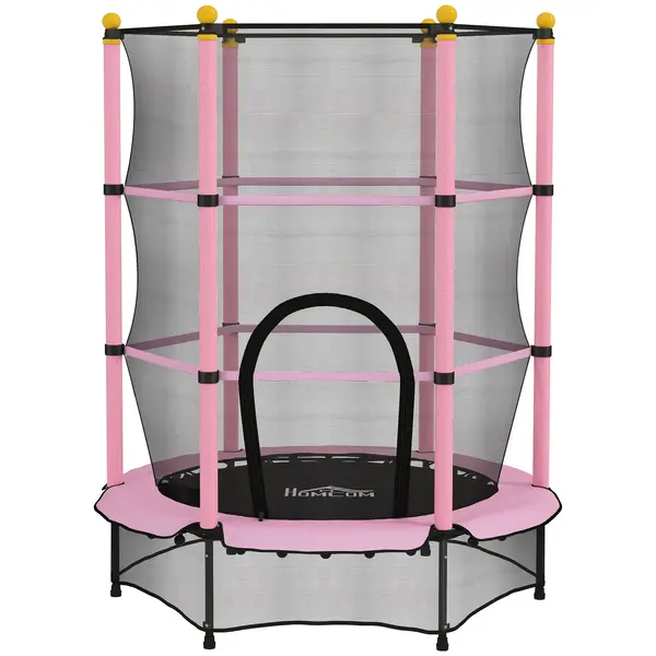 HOMCOM Trambolină Elastică pentru Copii 3-10 Ani cu Plasă de Siguranță și Țevi Capitonate, Ø140x190 cm, Roz | Aosom Romania