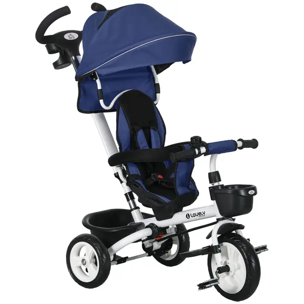 HOMCOM Tricicletă pentru Copii cu Mâner Multifuncțional, Cărucior pentru Copii cu Centură de Siguranță și Coș, 112x50x104 cm, Albastru | Aosom Romania