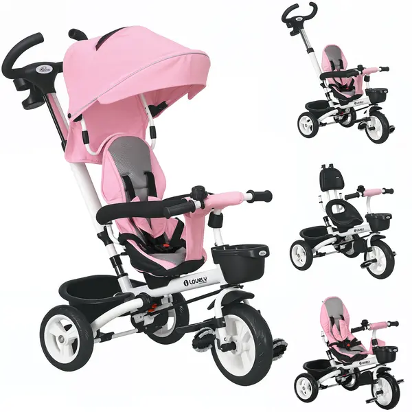 HOMCOM Triciclu pentru copii 6-in-1 cu mâner de împingere, acoperiș, centură, coș de depozitare, 18+ luni, Roz | Aosom Romania