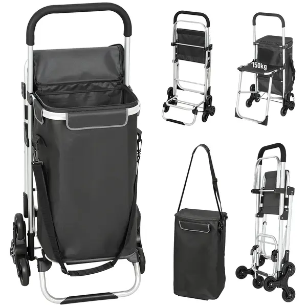 HOMCOM troler de cumpărături, geantă Oxford 40 L, design 3 roți, cadru din aluminiu, scaun, Duneklgrau | Aosom Romania