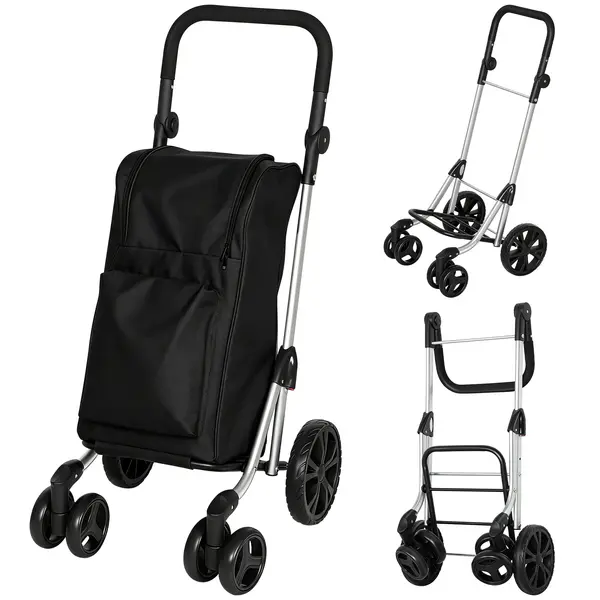 HOMCOM Trolley de cumpărături, geantă de 46 litri, cărucior pliabil cu buzunar frigorific, mâner reglabil, cadru din aluminiu, Negru | Aosom Romania