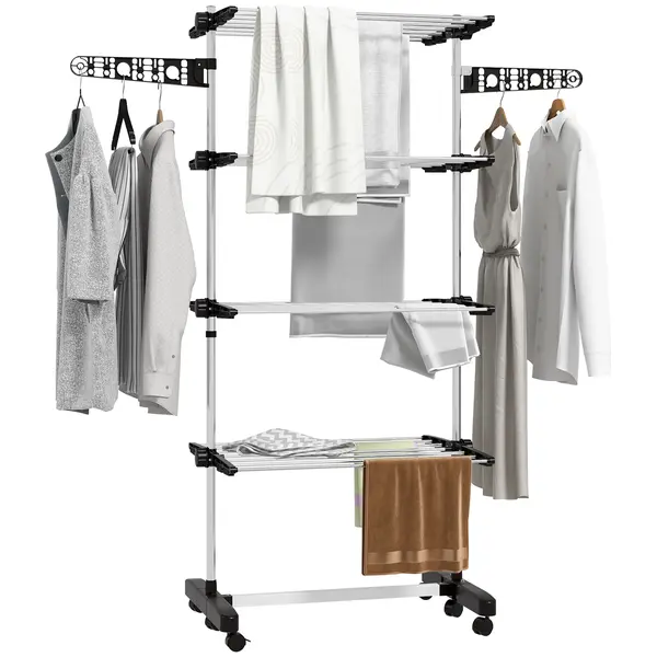 HOMCOM Uscător de Rufe Pliabil, Uscător Tip Turn cu 6 Roți, Cârlige și 4 Rafturi Reglabile, 142x55x172 cm, Argintiu | Aosom Romania