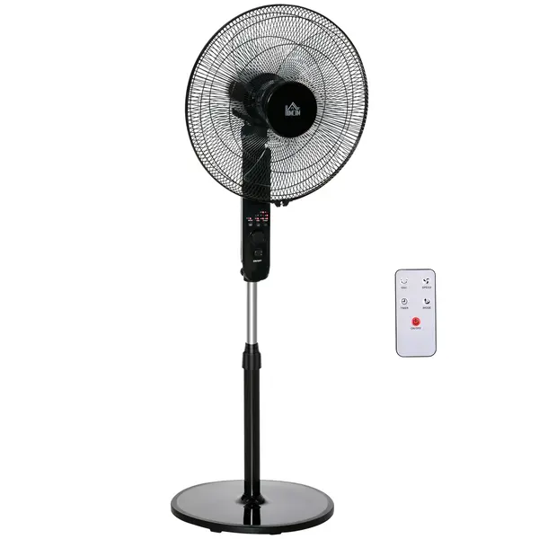 HOMCOM Ventilator de Podea cu Telecomandă, Reglabil pe Înălțime, 3 Viteze, Unghi de Înclinare Reglabil, Metal, Negru, Ø44,5x110-124H cm | Aosom Romania